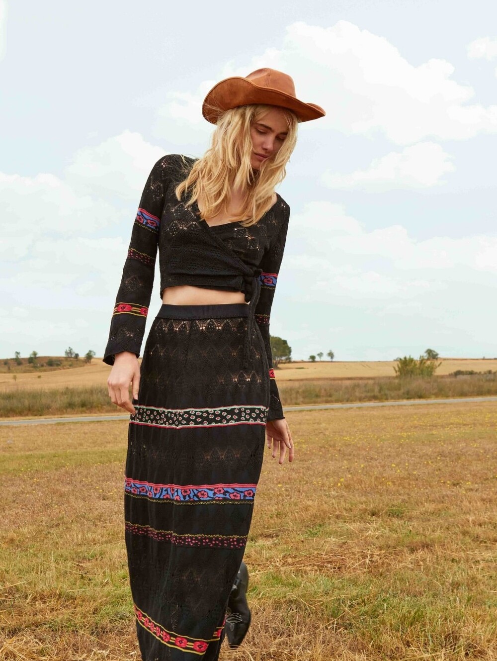 Aldo Martins Black Maxi Skirt with Multicolor Embroidered Stripes